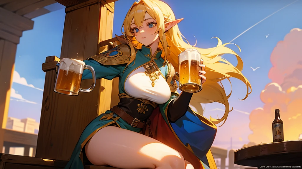 Anime Style,Nostalgic,Detailed background,The medieval world,A lively bar with lots of people,Beautiful sky,Beautiful bard elf girl holding a beer mug,Large Breasts,Healthy thighs
