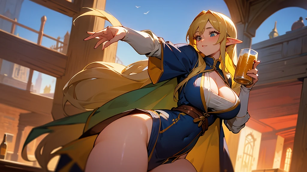 Anime Style,Nostalgic,Detailed background,The medieval world,A lively bar with lots of people,Beautiful sky,Beautiful bard elf girl holding a beer mug,Large Breasts,Healthy thighs