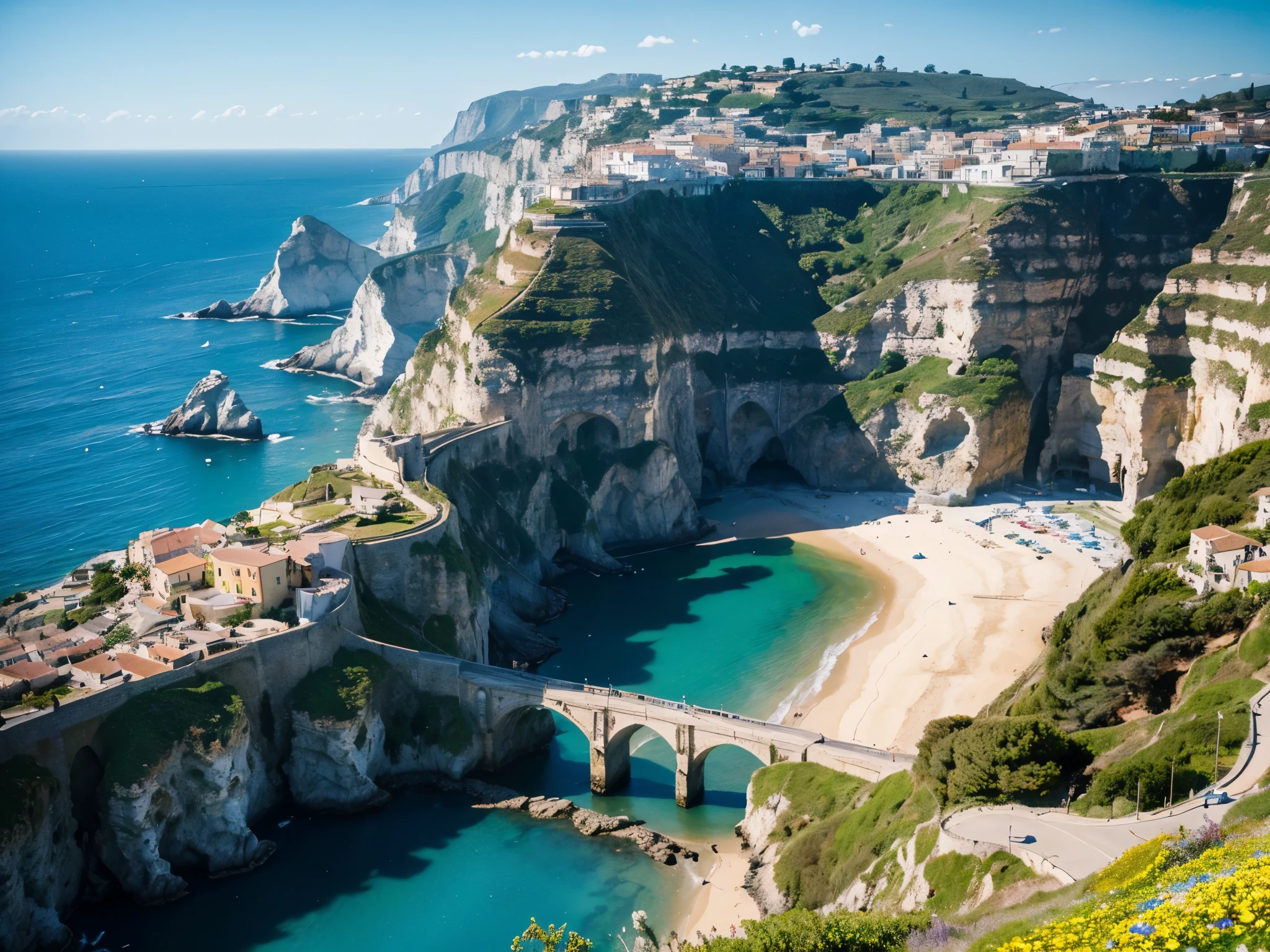 A stunning coastline with dramatic cliffs overlooking the sparkling Mediterranean sea, picturesque pastel-colored villages nestled along the shore, winding roads and steps leading down to vibrant harbors, lush greenery and blooming flowers cascading down the hillsides, warm Mediterranean sunlight casting a golden glow across the scene, (best quality,4k,8k,highres,masterpiece:1.2),ultra-detailed,(realistic,photorealistic,photo-realistic:1.37),landscape,scenic,highly detailed,dramatic lighting,vivid colors,cinematic,award winning photograph