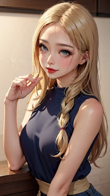 blush a little and smile, (Top quality masterpiece:1.2) Delicate illustrations, Very detailed, /Beautiful Japanese Women、1 person,Very cute and slim、Great style 、((8K images、super high quality))、Very delicate face, Skin and Hair、beautifule forehead、Red lipstick、(((((Mid-length hair、Blonde、lure))))),Very cute Japanese cut face、Eyes and nose are clearly visible、Kind eyes,((((Sleeveless fashion))))