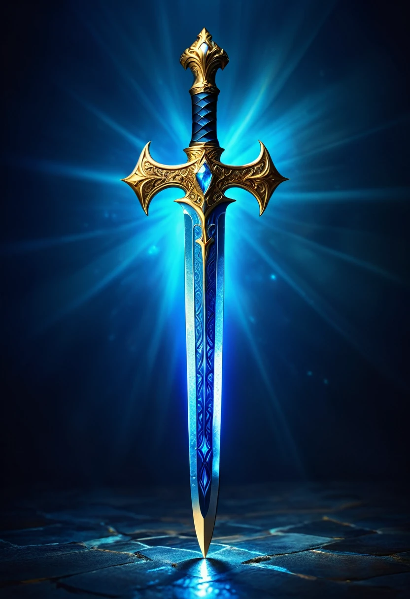 Magic dagger, blue glow, golden handle, holy, fantasy background, professional lighting