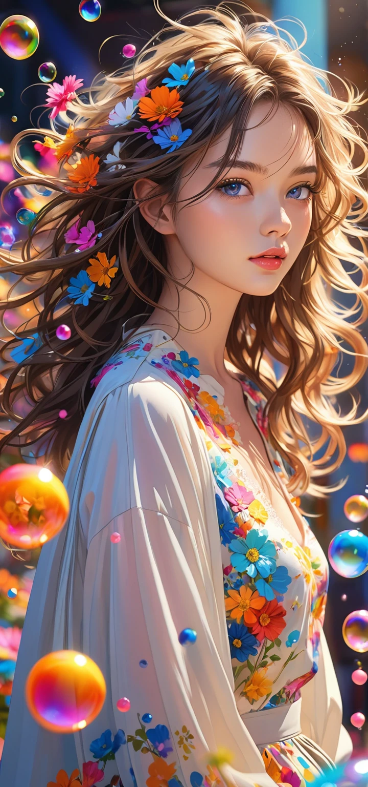 (masterpiece), (best quality), (Super detailed),(Messy hair),(illustration), (1 person), permanent,Sexy, fashion model, Looking at the audience, (interview), (Detailed background),Beautiful and delicate eyes, Delicate and beautiful face, floating,(High Saturation),(Colorful splash),Colored bubbles,(shining), Focus on the face, Floating flowers, Floating hair, (shining), Optimal lighting, The best shadow,