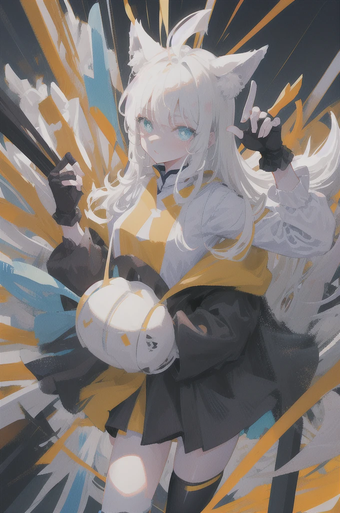 Wolf girl, light white hair, ocean eyes, black dress futuristic whit detailsdetails in white, vivid colors, paint splash, simple background, ray tracing, wavy hair with Chinese bangs, fingerless gloves, black leg warmers