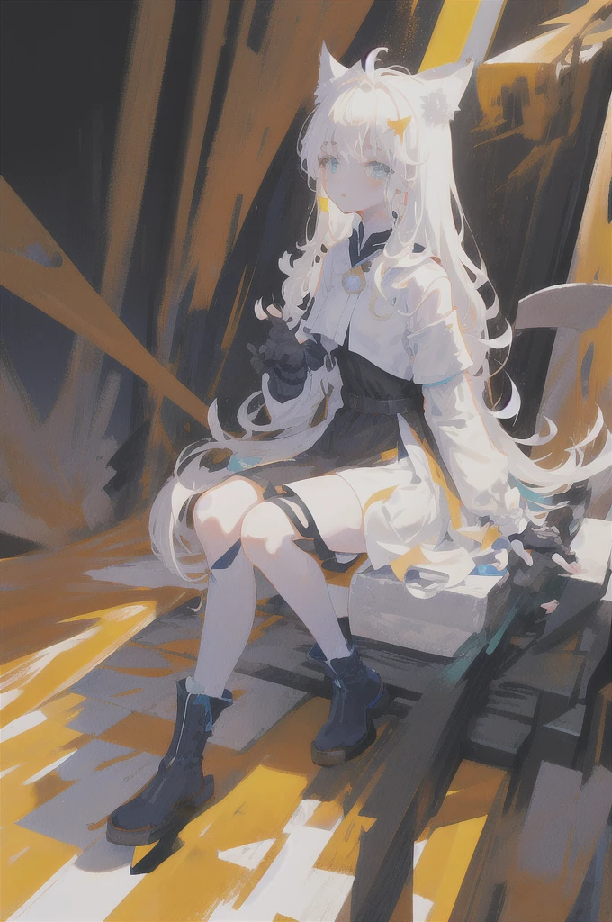 Wolf girl, light white hair, ocean eyes, black dress futuristic whit detailsdetails in white, vivid colors, paint splash, simple background, ray tracing, wavy hair with Chinese bangs, fingerless gloves, black leg warmers
