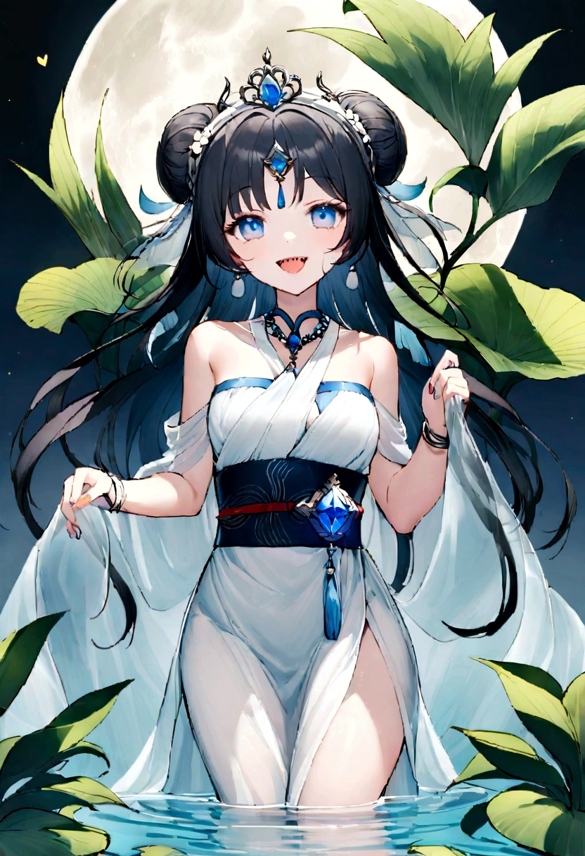 Drawing of a fish lady wearing a gorgeous combination of ancient Greek and Miao traditional costumes，She has black fish scales，The delicate jade-like face reveals gentleness and wisdom。She wore a beautiful bun on her head.，Decorated with pearls and crystals，Like the moon in the water。Her blue eyes are bright and clear，It seems to be able to see through people's hearts。She holds a handful of water plants，Gently fiddle with the room，Rippling water，The notes are as melodious as spring water。A tranquil water backdrop，Breeze in the wind，The lotus leaf swayed，Reflecting her gentle smile，Exudes a tranquil and peaceful atmosphere。She was dressed in black，As black as night，It highlights her graceful figure。Her charming smile，Sharp teeth looming in the mouth。Her clothing is not a combination of ancient Greek robes and Miao cloth，Wear a blue belt，With Miao style decoration，A red belt around the neckline。It&#39;s night，no moon，Her blue eyes sparkle like a ghost。Her feet were wearing black and cloth shoes，There are blue teardrop-shaped gemstones on it。