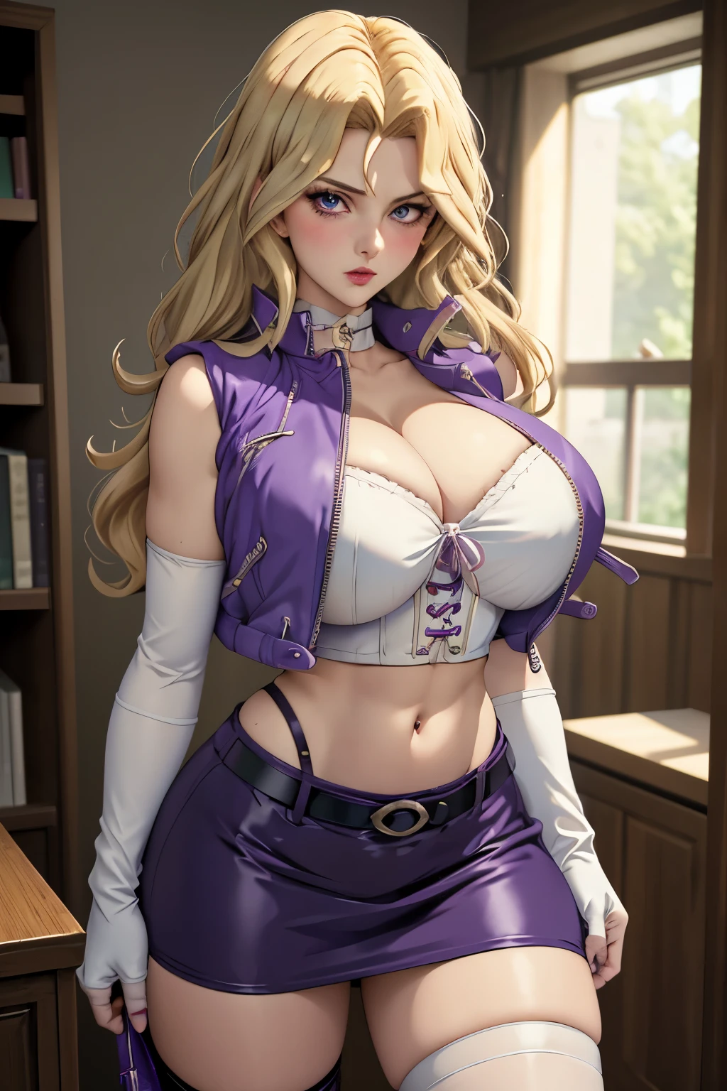 (masterpiece, best quality), 1girl,  kujaku mai, blonde hair, purple eyes, breasts, blush, skirt, long hair, huge breasts, elbow gloves, white gloves, navel, cleavage, detached sleeves, midriff, belt, vest, crop top, bustier, cross-laced clothes