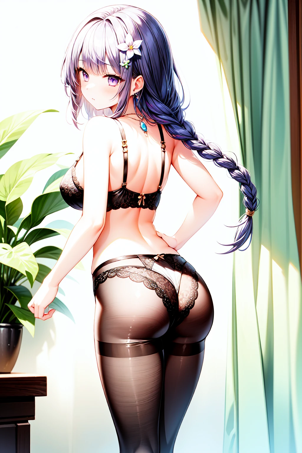 1girl, raidenshogundef, underwear, pantyhose, breasts, ass, bra, panties, braid, solo, long_hair, hair_ornament, purple_eyes, panties_under_pantyhose, purple_hair, braided_ponytail, looking_at_viewer, large_breasts, hair_flower, flower, jewelry, looking_back, thighband_pantyhose, from_behind, black_bra, window, purple_flower, bangs, bare_shoulders, black_pantyhose, back, underwear_only, lace-trimmed_panties, blush, thighs, brown_pantyhose, curtains, necklace, black_panties, lace_trim, cowboy_shot, bare_arms, single_braid, lingerie, indoors, median_furrow, leaning forward
