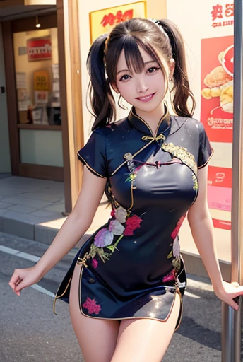 (Highest quality,masterpiece:1.3,Ultra-high resolution),(Very detailedな、Caustics) (Photorealistic:1.4, RAW shooting、)Ultra-Realistic Capture、Very detailed、Natural skin texture、masterpiece、(Embroidered sequined cheongsam:1.3)、Short Sleeve Cheongsam、1 Japanese girl、Adorable expression、Expressions of Happiness、14 years old、Young Face、Amazingly cute、Twin tails、Curly Hair、Black Hair、Scrunchie、Earrings、light makeup、A big bust that seems to burst、Bare arms、This photo was taken in front of a sex shop downtown at night..、Shining thighs、Shooting from the side、smile、An inviting gaze、