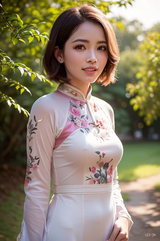 (a gorgeous lady, age 18, dimpled smile, cute snaggle-tooth, pink short hair, beautiful detailed face, beautiful detailed eyes, ample round bosom, wearing Vietnam fashion Ao Dai, The Cowboy shot, detailed textures, vibrant colors, serene outdoor landscape with lush greenery and sunlight filtering through trees, peaceful atmosphere, traditional pose, authentic setting, realistic portrayal, (best quality,4k,8k,highres,masterpiece:1.2),ultra-detailed,(realistic,photorealistic,photo-realistic:1.37),extremely detailed face and eyes,beautiful detailed lips,longeyelashes,cinematic lighting,intricate details,traditional art style,stunning colors)