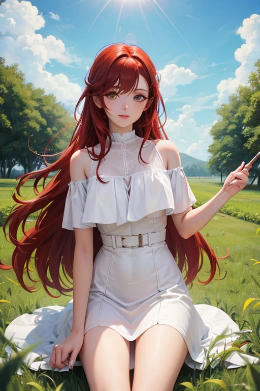 Painting redhead woman 25 years old white dress in a corn field pov under skirt