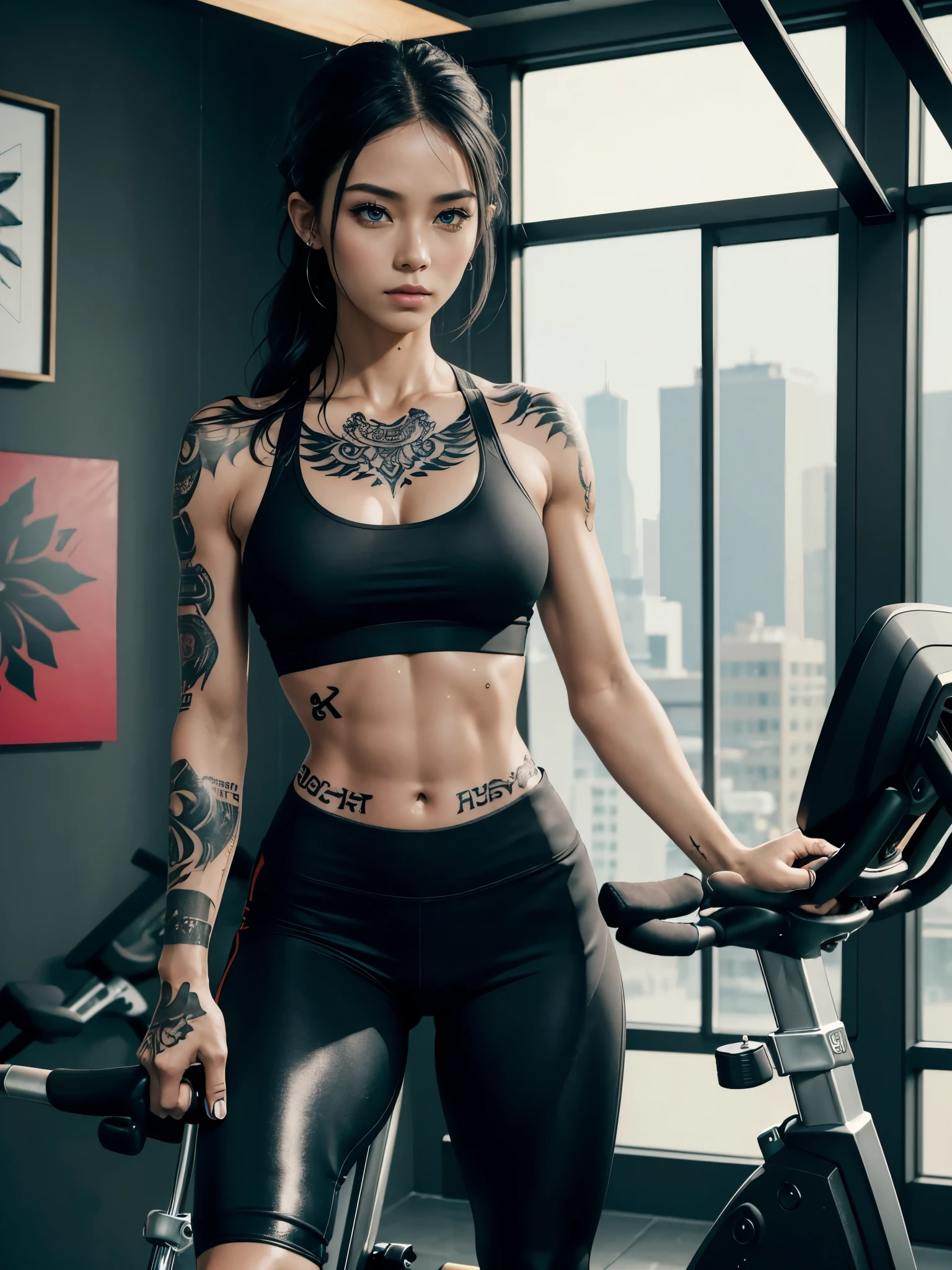 ((Highest quality, 8K, masterpiece:1.3)),(Realistic portrait of a girl with tattoos ,Wearing a sports bra and leggings with attention to detail, Her waist is slim and her abdominal muscles are faintly visible., (A supple and flexible body、Sunburned skin、shiny wet skin), Lots of black tattoos on his body, Tattooed body, Tattoo on the chest is、Draw bold and beautiful tattoos with precision、Black tattoos have a painting-like feel:1.2),( Beautiful state of the art gym background:1.4), ((Riding a stationary bike,I'm working hard to get in shape、Sweating))