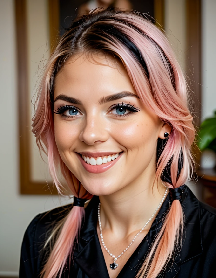 (Best Quality:1.5), (8K:1.3), (32K:1.2), (masterpiece:1.4), Ultra-detailed, (Photorealistic:1.5), young adult female model with pastel pink hair, 29-years-old, reflecting a sultry gothic satanic e-girl style wardrobe. diverse hairstyle that complement the alt/gothic aesthetic, gothic, moody vintage bar scene, fashionable ambiance. Happy, maintaining an aura of mystery and modern witchcraft. UHD, 16k, professional photo
