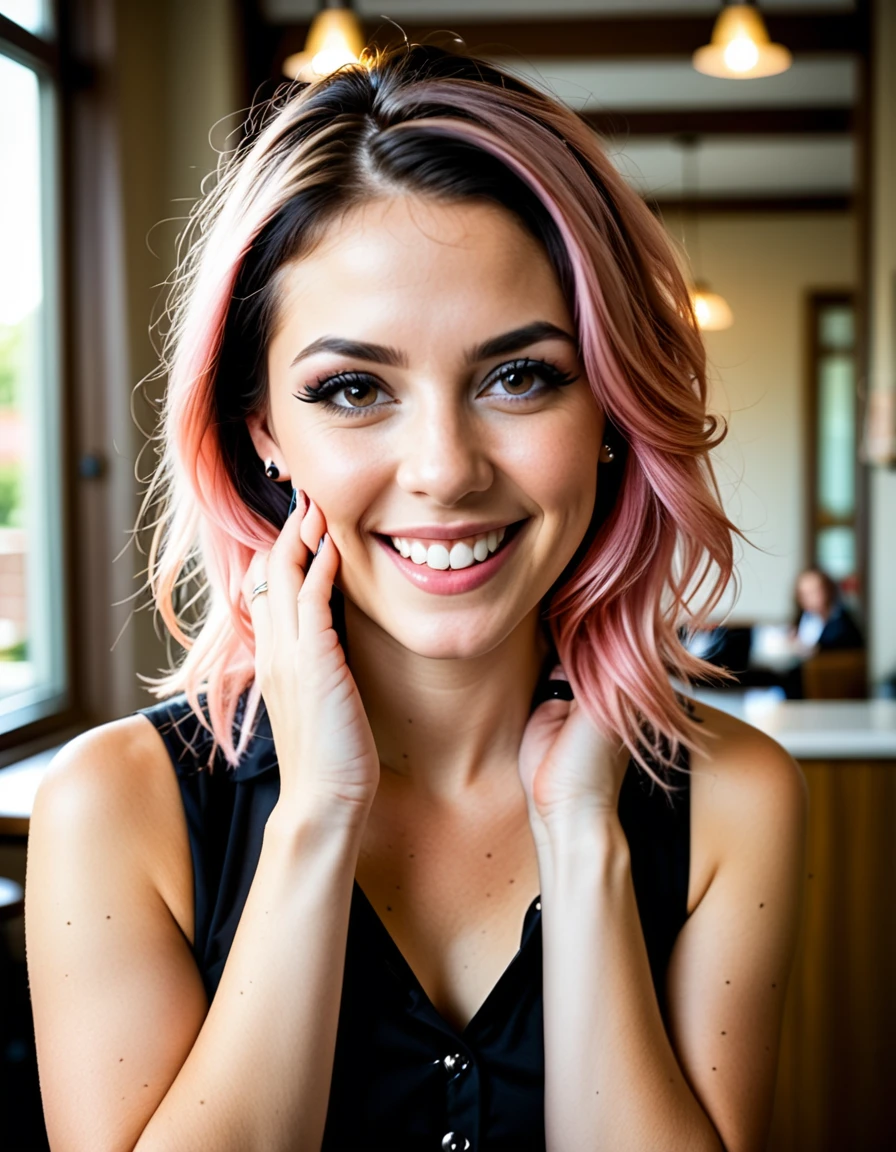 (Best Quality:1.5), (8K:1.3), (32K:1.2), (masterpiece:1.4), Ultra-detailed, (Photorealistic:1.5), young adult female model with pastel pink hair, 29-years-old, reflecting a sultry gothic satanic e-girl style wardrobe. diverse hairstyle that complement the alt/gothic aesthetic, gothic, moody vintage bar scene, fashionable ambiance. Happy, maintaining an aura of mystery and modern witchcraft. UHD, 16k, professional photo