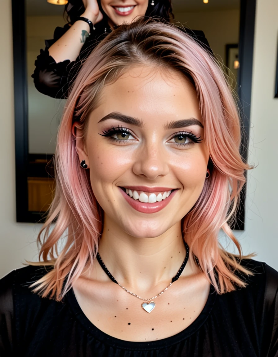 (Best Quality:1.5), (8K:1.3), (32K:1.2), (masterpiece:1.4), Ultra-detailed, (Photorealistic:1.5), young adult female model with pastel pink hair, 29-years-old, reflecting a sultry gothic satanic e-girl style wardrobe. diverse hairstyle that complement the alt/gothic aesthetic, gothic, moody vintage bar scene, fashionable ambiance. Happy, maintaining an aura of mystery and modern witchcraft. UHD, 16k, professional photo