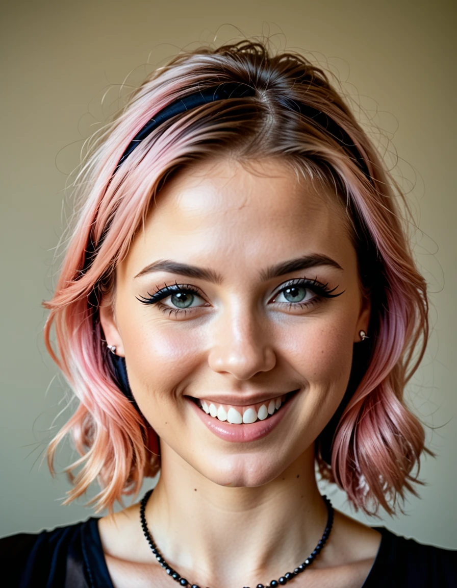 (Best Quality:1.5), (8K:1.3), (32K:1.2), (masterpiece:1.4), Ultra-detailed, (Photorealistic:1.5), young adult female model with pastel pink hair, 29-years-old, reflecting a sultry gothic satanic e-girl style wardrobe. diverse hairstyle that complement the alt/gothic aesthetic, gothic, moody vintage bar scene, fashionable ambiance. Happy, maintaining an aura of mystery and modern witchcraft. UHD, 16k, professional photo