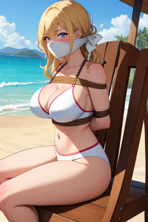 1 girl, detailed blue eyes, lange wimpern, detailed beautiful face, 4k quality, a Bit curly hair, (Long blonde hair:1.4), (arms behind back:1.6), gefesselte Arme, Red rope, (blushing:1.3), (Big breasts:1.6), (white Bikini, höschen mit seiten schnürung, 18 jears old:1.6), OTN, Gag, gagged, shibari, bondage, nah aufnahmen, Front view, on a beach, looking at the viewer, sitting in a beach chair
