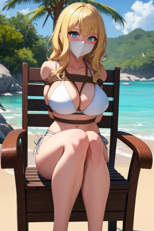 1 girl, detailed blue eyes, lange wimpern, detailed beautiful face, 4k quality, a Bit curly hair, (Long blonde hair:1.4), (arms behind back:1.6), gefesselte Arme, Red rope, (blushing:1.3), (Big breasts:1.6), (white Bikini, höschen mit seiten schnürung, 18 jears old:1.6), OTN, Gag, gagged, shibari, bondage, nah aufnahmen, Front view, on a beach, looking at the viewer, sitting in a beach chair