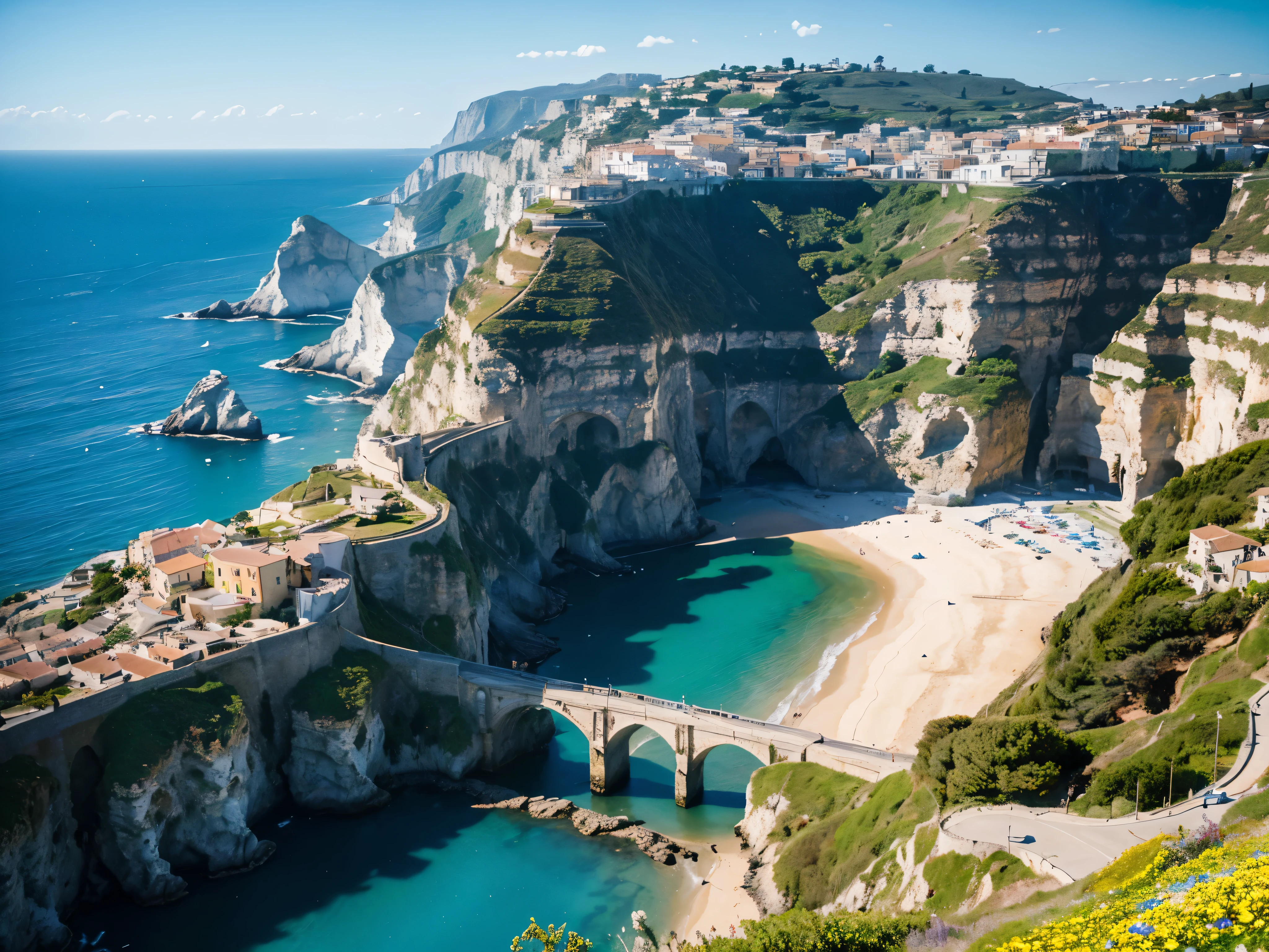 A stunning coastline with dramatic cliffs overlooking the sparkling Mediterranean sea, picturesque pastel-colored villages nestled along the shore, winding roads and steps leading down to vibrant harbors, lush greenery and blooming flowers cascading down the hillsides, warm Mediterranean sunlight casting a golden glow across the scene, (best quality,4k,8k,highres,masterpiece:1.2),ultra-detailed,(realistic,photorealistic,photo-realistic:1.37),landscape,scenic,highly detailed,dramatic lighting,vivid colors,cinematic,award winning photograph