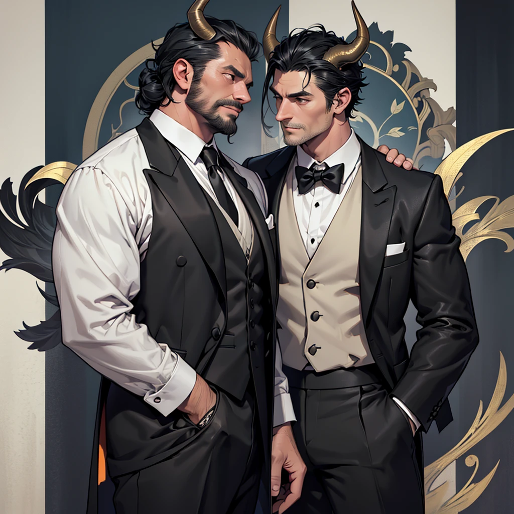 A 45 year old man, black hair, gray horn, bull horns, muscular, large, tall man, medieval period, wearing a suit, black suit, tuxedo, wearing a black tuxedo, medieval background, Ultra HD 4k, 4k, UltraHD