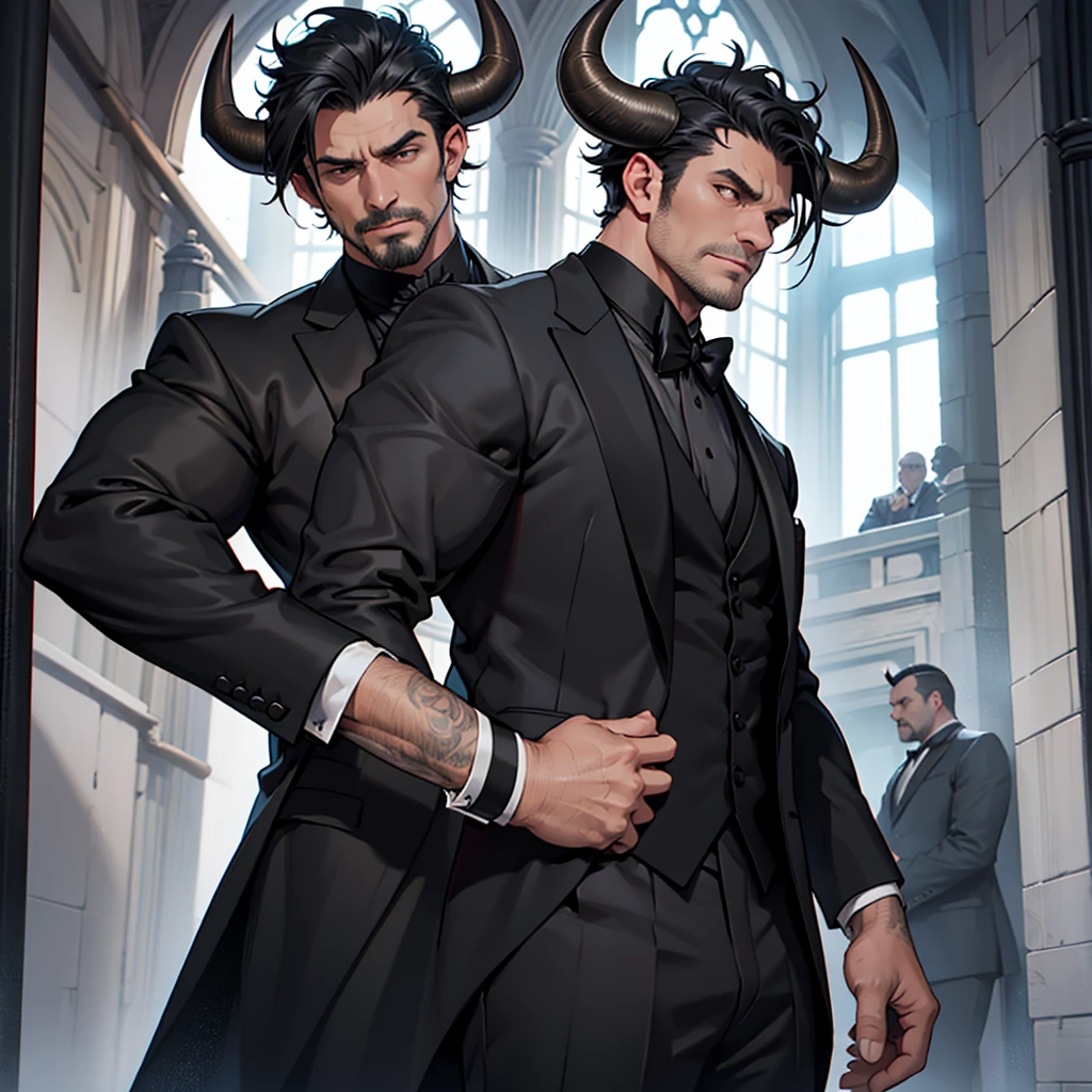 A 45 year old man, black hair, gray horn, bull horns, muscular, large, tall man, medieval period, wearing a suit, black suit, tuxedo, wearing a black tuxedo, medieval background, Ultra HD 4k, 4k, UltraHD