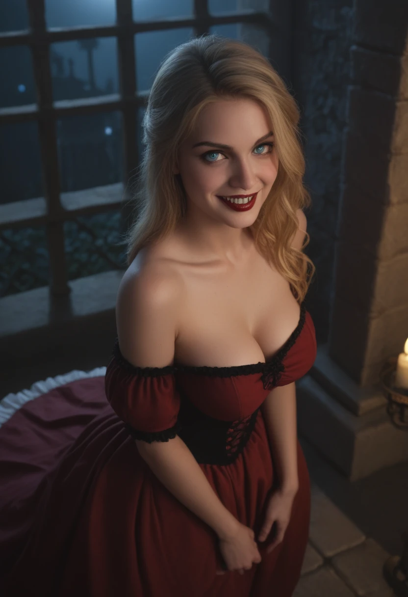 score_9, score_8_above, score_7_above, 1girl, large_breasts, royal_garden, medieval_castle, elegant_green_dress, off_shoulder_dress, evil_smile, cute_woman, blonde, long_hair, side view, from_above, night, moonlight, cinematic film still, RAW photo, perfect lighting, volumetric lighting, Galadriel, stuning, goddess, (vampire:1.5), blue_eyes
