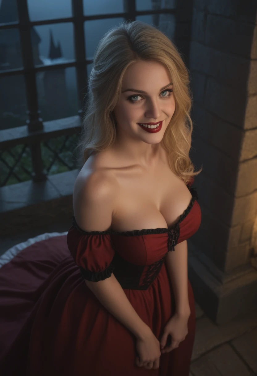 score_9, score_8_above, score_7_above, 1girl, large_breasts, royal_garden, medieval_castle, elegant_green_dress, off_shoulder_dress, evil_smile, cute_woman, blonde, long_hair, side view, from_above, night, moonlight, cinematic film still, RAW photo, perfect lighting, volumetric lighting, Galadriel, stuning, goddess, (vampire:1.5), blue_eyes