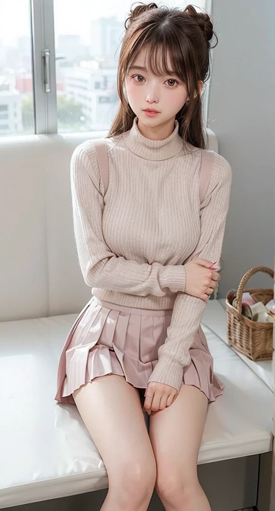 (((Kamimei、Bun hair、Good Style、Embarrassing、red blush、embarrassed from、Mouth ajar))),(((((Knee-length pleated skirt、Check grey skirt、White sweater、Turtleneck sweater、no sleeves、high-heels))))),((In the office、In the company、In the reception room、frombelow))、masutepiece, 1girl in, best qualtiy, Ultra Detail, (shiny), (Small)、(((with blush cheeks,A slender))),Ray tracing,Perfect Lighting, (milky skin:1.2),reflection, up looking_で_viewer, blush, bow ribbon, yellow_Eyes, White choker, Low_Twin-tailed、Japan's cutest 28-year-old beautiful girl、Small ribbons in the hair、Contrast Legs