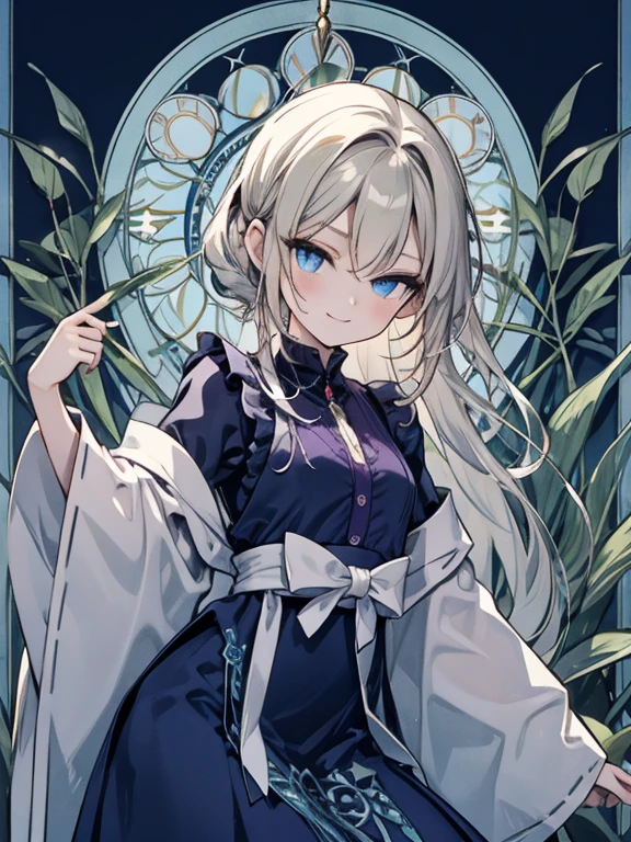 masterpiece, Highest quality, Very detailed, 16K, Ultra-high resolution, Cowboy Shot, Alice in Wonderland, (art nouveau:1.6), 10-year-old girl, Detailed face, smile, blue eyes, blonde, Braiding, Long Hair, ponytail, Ribbon on head, Blue clothes, Plain white apron, 大きなclockのある部屋で, clock, 壁clock, Music Box