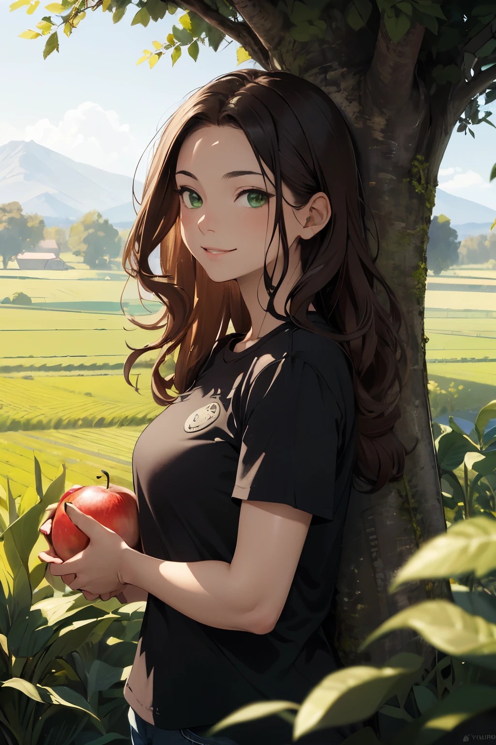absurd resolution, high resolution, (Masterpiece:1.4), hyperdetailed, agriculture field, field with cattle and animals in the distance, 1 young woman, long wavy brown hair, green eyes, black shirt with a skull badge on the chest, very calm and serene expression, smiling subtly, Leaning on the trunk of a tree, hands holding a fruit, it doesn't have horns.