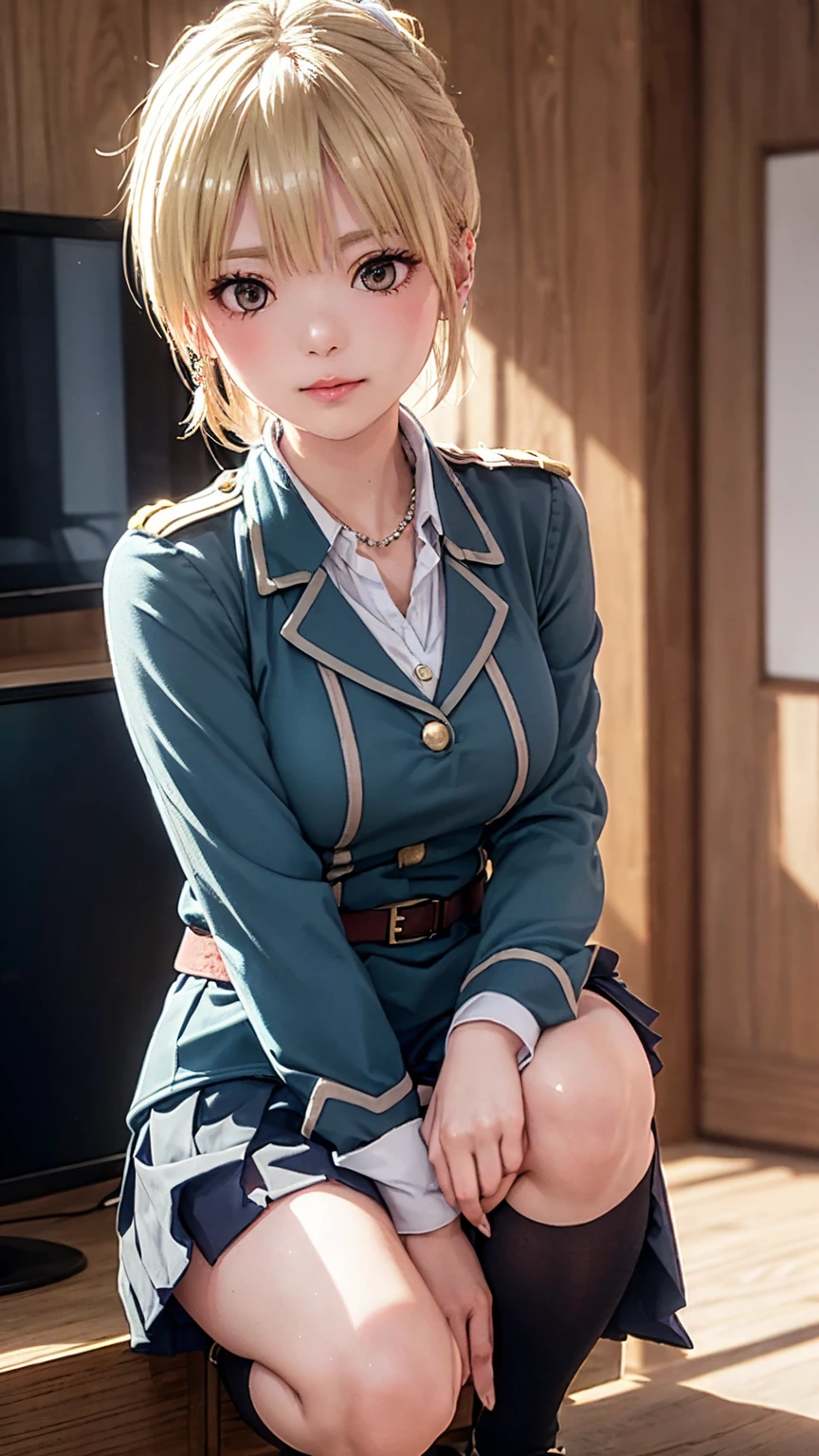 (masterpiece: 1.3), (Maximum resolution: 1.2), (Ultra HD TV: 1.2), Cinematic Light, 8K resolution, Detailed facial features , (Sharp focus: 1.2）,Perfect Style, Beautiful Face, Acura, Anatomically correct, Highly detailed face and skin quality感, Beautiful Eyes,ThroughｋBright Eyes,  Natural Cheeks, Glowing Skin,  (Glossy Lips: 1.4),、 (A shameful expression: 1.2),Highly detailed face and skin quality, Natural Cheeks, , Glossy Lips,Exposed cleavage、（White mucus on chest:1.6）（White mucus on thighs:1.6）、、Humiliating、shame、Please open your knees、dissatisfaction、anger、tears、sorrow、Glaring at the camera、Spread your legs、、Sparkly little earrings and necklace、Disheveled clothes、、Drenched in sweat、 woman,1 person、blonde、Blonde、Blue-gray eyes、Green-gray eyes,(Skirt uniform:1.4)、dissatisfaction、Masturbate、Beautiful nipples exposed、Soft Breasts、Healthy legs、Bare thighs、Leaning on the cafe counter、Holding a pen、（ペンをwoman器の穴に入れる:1.4）、露出したwoman器、Bare crotch、nude crotch,nude hip,nude legs、襞襞のwoman器、woman器から流れ出る白い液体、Small eyes