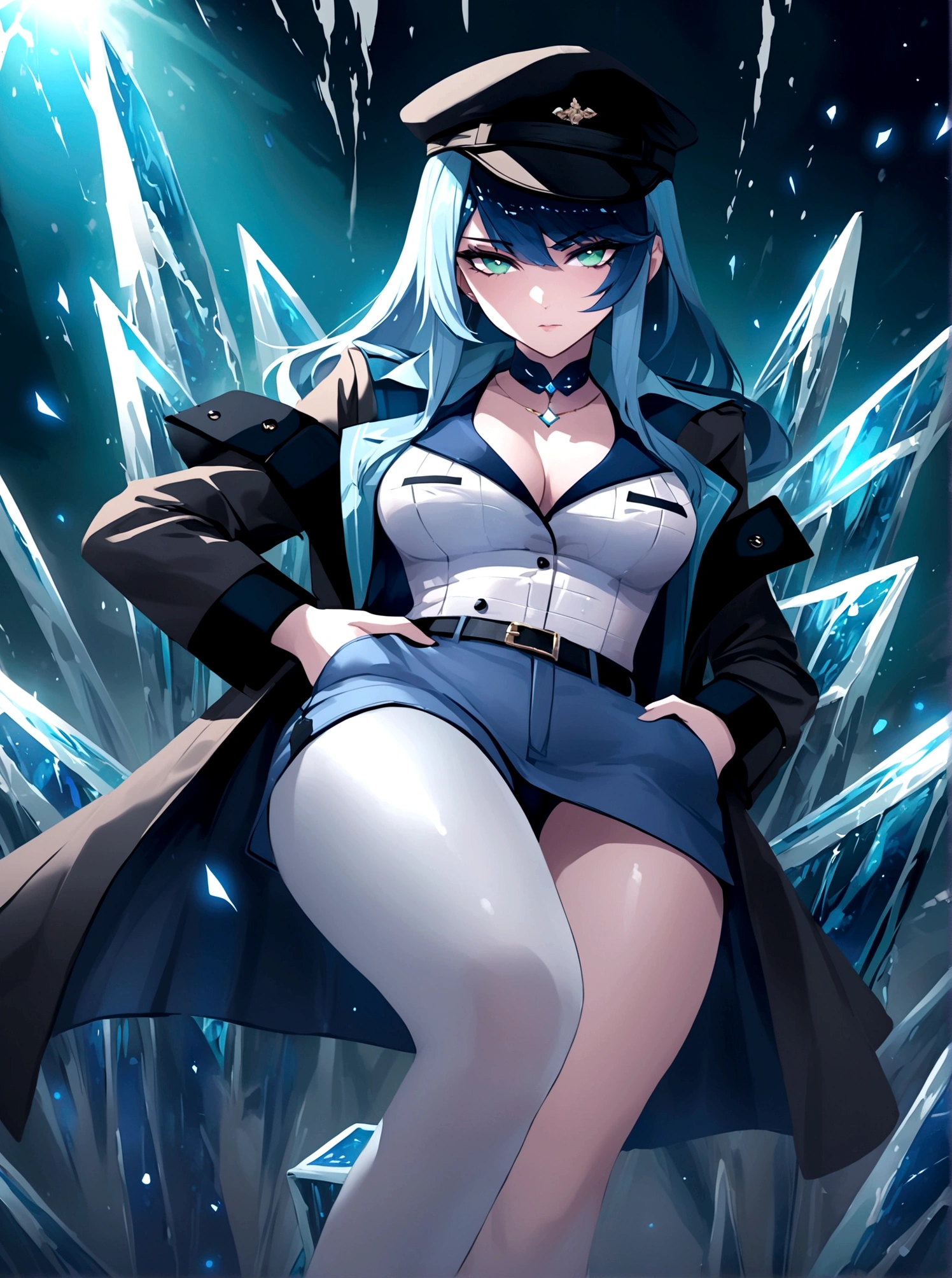 Poker face,Hands in pockets,Exquisite facial features,Blue Hair,Green Eyes,Young women,Black trench coat