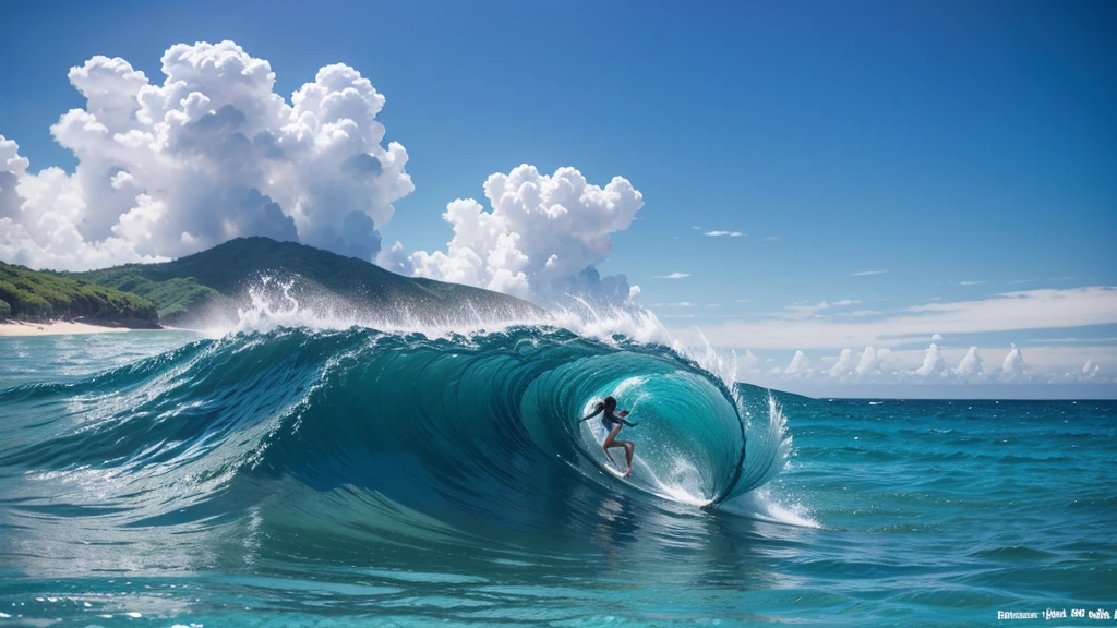 Blue ocean waves、White beach、In the distance, a woman in a white swimsuit is surfing.