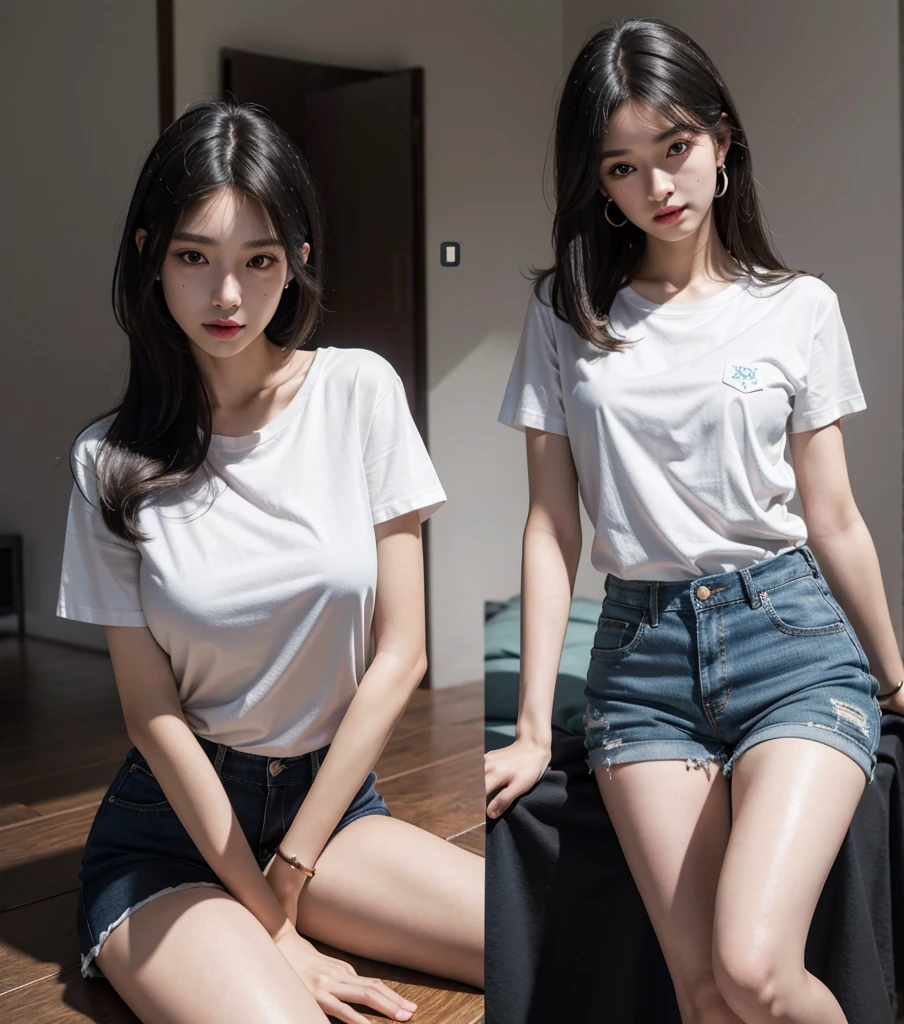 absurdres, RAW photo, extremely delicate and beautiful, masterpiece, Best Quality, ultra high resolution, 32k, hyperrealistic, ultra-detailed, perfect anatomy, super Detailed skin, perfect figure, Japanese woman, late 20s, very Slim body, narrow waist, very small head, handsome detailed woman, very detailed eyes and face, realistic face proportions, Stunning detailed eyes, Realistic beautiful face, very small face, Realistic small beautiful eyes, tearful mole, earring, beautiful and very thin legs, beautiful and very thin thighs, ((very huge round )), medium hair, black hair, ((full body shot)), ((t-shirt)), shorts,