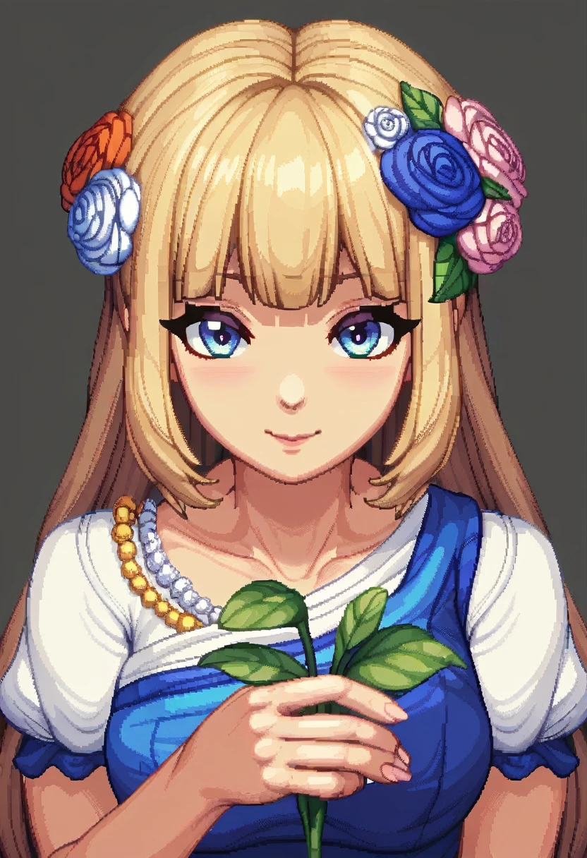 Pale light blue antique dress、Beige long-haired girl、Blunt bangs、profile、Pixel art、pixelアートイラスト、pixel、Plain background、Upper Body 、For icons、pixel_Art Book,Composition centered on face、A calm face、Holding flowers、Flower Hair Ornaments、pixel、Game-style illustrations、Pixel art、pixel、Light Shading、Fluttering Hair、Back hair fluttering in the wind、pixel、Pixel art