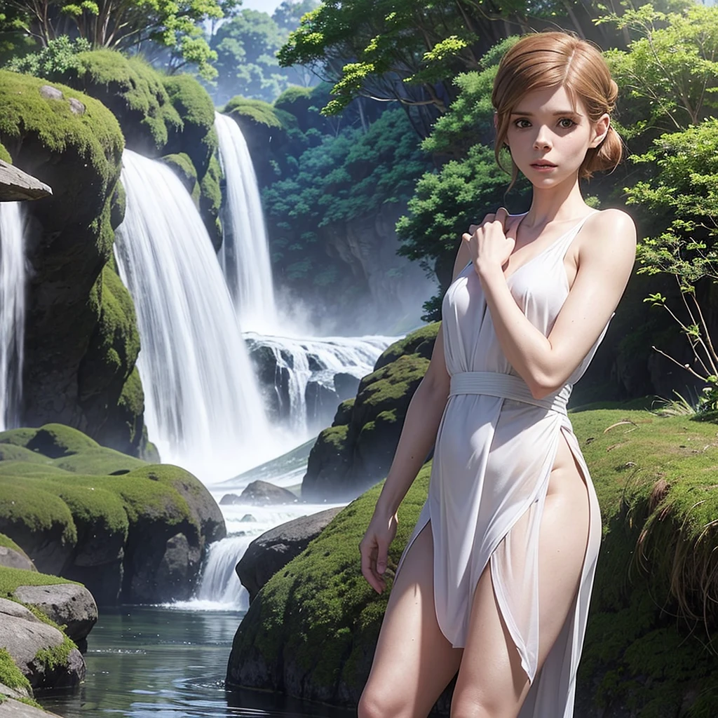 Kate Mara (age 25), is a jedi (dressed appropriate t the scene). She is on an alien jungle world and has stopped to shower under a waterfall. Separated from her robe wearing only a small sheer white under garment, she calls her lightsaber from the shore and assumes a fighting stance as she senses danger