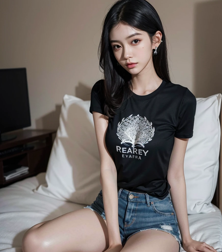 absurdres, RAW photo, extremely delicate and beautiful, masterpiece, Best Quality, ultra high resolution, 32k, hyperrealistic, ultra-detailed, perfect anatomy, super Detailed skin, perfect figure, Japanese woman, late 20s, very Slim body, narrow waist, very small head, handsome detailed woman, very detailed eyes and face, realistic face proportions, Stunning detailed eyes, Realistic beautiful face, very small face, Realistic small beautiful eyes, tearful mole, earring, beautiful and very thin legs, beautiful and very thin thighs, ((very huge round breasts)), medium hair, black hair, ((full body shot)), ((t-shirt)), shorts,