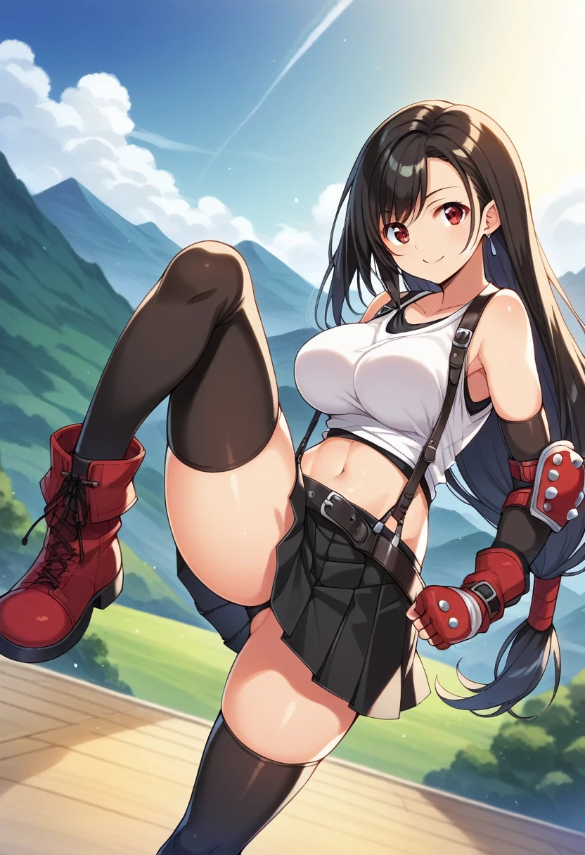 ,2020s_(style),,core_9, score_8_up, score_7_up,score_6, score_5,rating_safe BREAK , (from above),side view,Dutch angle,(breast focus),standing,fighting pose,((leg up,kick)),(medium shot),looking_at_viewer ,1girl, tifa lockhart, final fantasy, tareme,black hair, low-tied long hair, red eyes, bangs, (white tank top, belt, pleated skirt, thighhighs, elbow fingerless gloves, elbow pads, midriff, navel,suspender skirt) ,large_breasts,(light smile),,,Solo,,(daytime and outdoor and mountain),hyper detailed,beautiful,(best quality),(aesthetic,very aesthetic),studio anime,highly detailed,super fine illustration,anime screencap ,soro focus,depth of field,,professional lighting,cinematic lighting