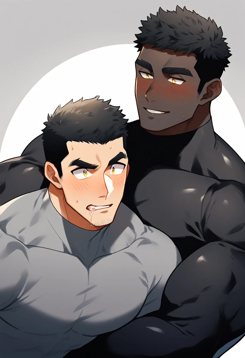 anime characters:Two superheroes in tights, Muscle superhero,Black Short Hair, negro black skin, They hugged and kissed each other, Bite your neck, Caress, Manliness, male focus, Yellow and black high collar long sleeve tight T-shirt, Slightly transparent material, Very tight, Round, full and perky chest muscles, Male dog waist, Slightly transparent, muscular male, muscular, only, Upper body, alone, Black Short Hair, Thick eyebrows, stubble, Yellow eyes, Grey background, simple background, amazing quality, best aesthetics, Ridiculous, bright pupils, crew cut, parted lips, torogao, naughty face, blush, saliva trail, drop shadow, best quality