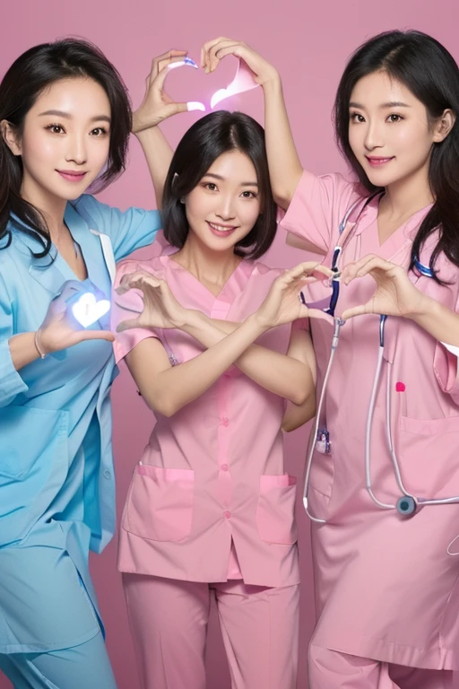 three asian women in scrub suits making a heart with their hands, healthcare worker, nursing, nurse scrubs, nurse girl, nurse, medical photography, heart operation, medical doctor, surgical gown and scrubs on, doctor, clean medical environment, with a stethoscope, (doctor), nurse uniform, medical image, 3delight, wearing lab coat and a blouse, surgeon