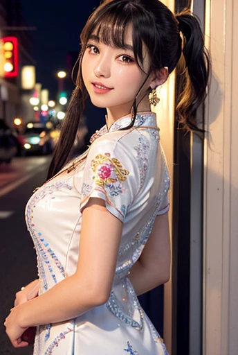(Highest quality,masterpiece:1.3,Ultra-high resolution),(Very detailedな、Caustics) (Photorealistic:1.4, RAW shooting、)Ultra-Realistic Capture、Very detailed、Natural skin texture、masterpiece、(Embroidered sequined cheongsam:1.3)、Short Sleeve Cheongsam、1 Japanese girl、Adorable expression、Expressions of Happiness、14 years old、Young Face、Amazingly cute、Twin tails、Curly Hair、Black Hair、Scrunchie、Earrings、light makeup、A big bust that seems to burst、???? arms、This photo was taken in front of a ??? shop downtown at night..、Shining thighs、Shooting from the side、smile、An inviting gaze、