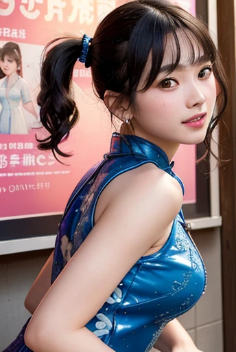 (Highest quality,masterpiece:1.3,Ultra-high resolution),(Very detailedな、Caustics) (Photorealistic:1.4, RAW shooting、)Ultra-Realistic Capture、Very detailed、Natural skin texture、masterpiece、(Embroidered sequined cheongsam:1.3)、Short Sleeve Cheongsam、1 Japanese girl、Adorable expression、Expressions of Happiness、14 years old、Young Face、Amazingly cute、Twin tails、Curly Hair、Black Hair、Scrunchie、Earrings、light makeup、A big bust that seems to burst、Bare arms、This photo was taken in front of a sex shop downtown at night..、Shining thighs、Shooting from the side、smile、An inviting gaze、