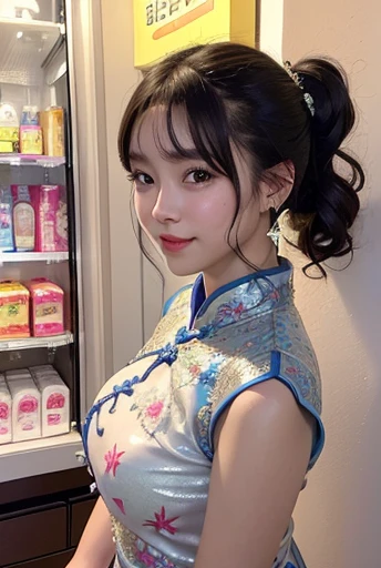 (Highest quality,masterpiece:1.3,Ultra-high resolution),(Very detailedな、Caustics) (Photorealistic:1.4, RAW shooting、)Ultra-Realistic Capture、Very detailed、Natural skin texture、masterpiece、(Embroidered sequined cheongsam:1.hort Sleeve Cheongsam、1 Japanese girl、Adorable expression、Expressions of Happiness、14 yng Face、Amazingly cute、Twin tails、Curly Hair、Black Hair、Scrunchie、Earrings、light makeup、A big bust that seems to burst、Bare arms、This photo was taken in front of a sex shop downtowt night..、Shining thighs、Shooting from the side、smile、An inviting gaze、