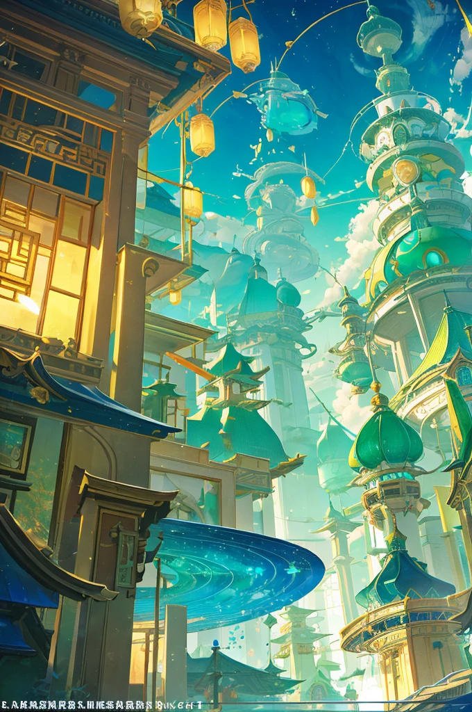 Glass buildings in a seaside town，The buildings are scattered，All are made of transparent jade-like materials，sparkling，Shining bright light，Brightly lit，Like Wonderland；Clear and elegant，Chinese traditional colors，China has 24 solar terms；Bright lights shine through，Brightly lit，Illuminate the entire picture；Exquisite game illustration style；The background is light green，星星sparkling，Captures the dreamy atmosphere of a fairytale world，Soft pastel shades，Light yellow-green color scheme，Reminiscent of Hayao Miyazaki&#39;s style。high resolution。