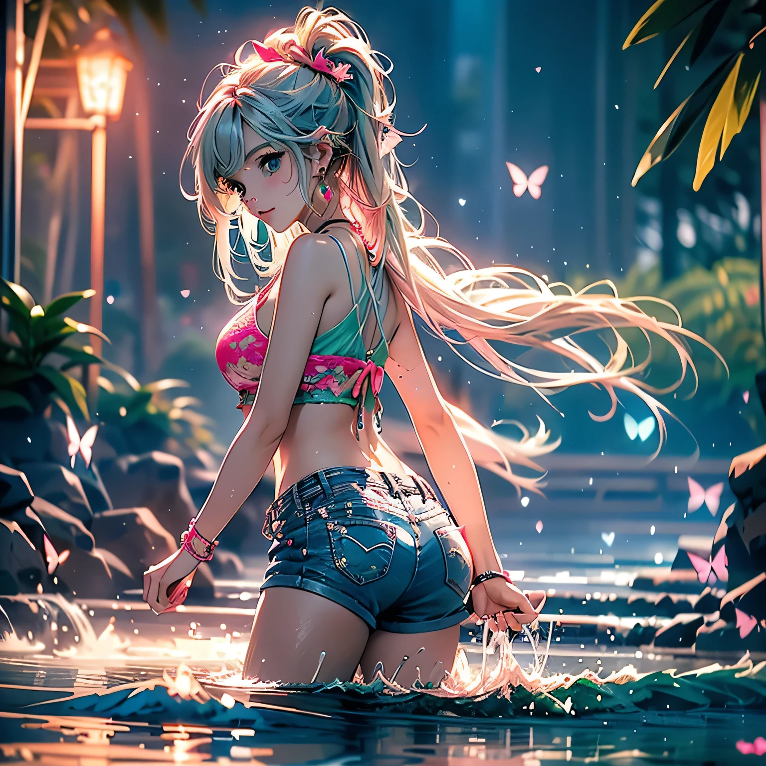 looking back,low angle,from below,(beautiful pink and green butterflies all over the place),
((masterpiece:1.4, best quality)), ((masterpiece, best quality)),low angle,beautiful pony tail silver green hair,beautiful pink eyes,little cute girl,wet full body, bathing in the water,water falls,water splash,lovely laugh,denim shorts,pink and green baseball cap, ((pink and green elegant summer bikini)), (Lace chalker, wristband, diamond necklace,earrings),cinematic lighting and pause,beautiful natural mysterious park,night sky,full moon,(beautiful pink and green butterflies all over the place),