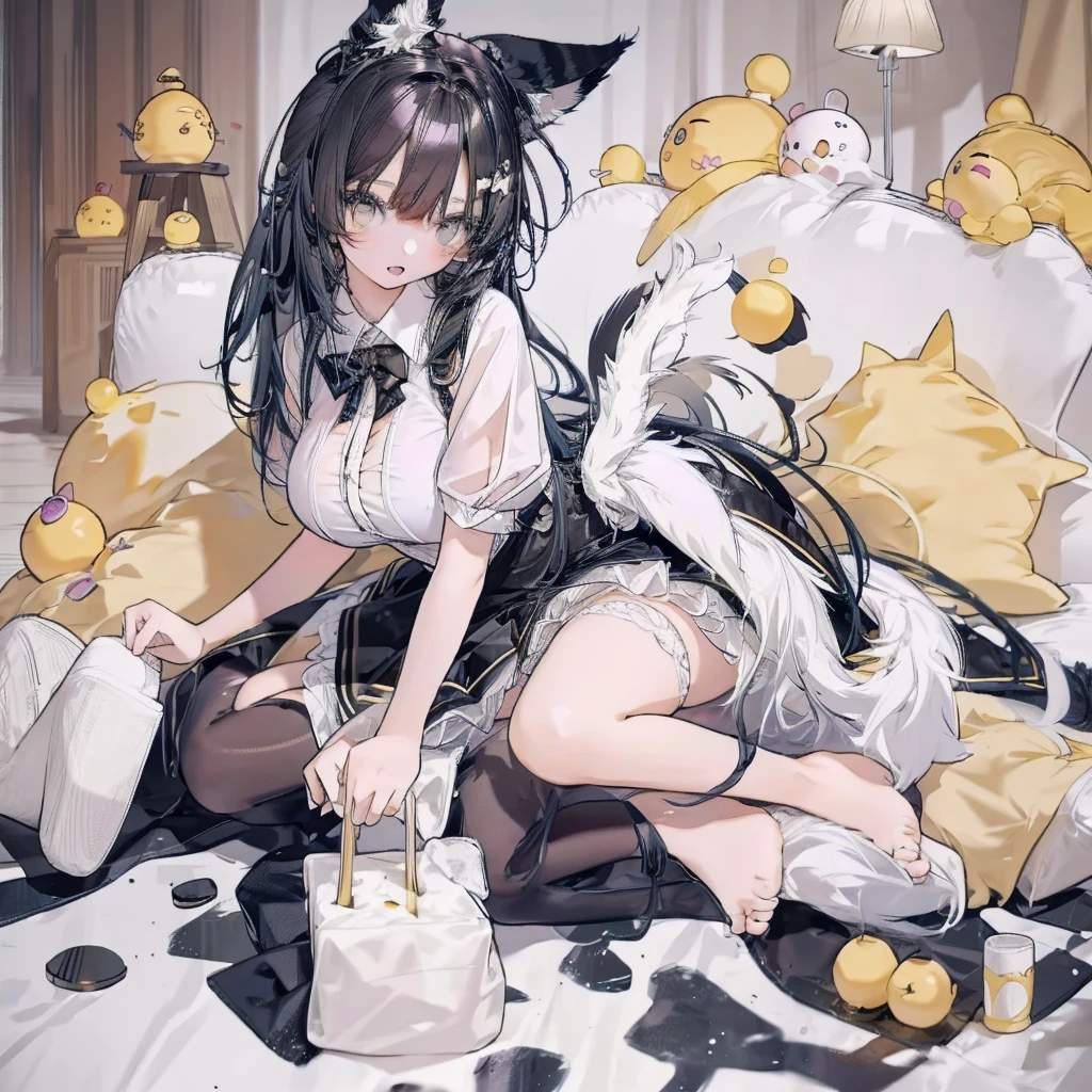 Taiwanese girl 18 years old with baby face and big breasts Asian woman wearing white shirt and black shorts lying on yoga mat,Anime Girls Cosplay,cat ears and tail, cat ears anime girl, Ahri from League of Legends is a girl wearing a maid outfit,have big breasts,There are three women in maid costumes,Doing push-ups on mat in gym,charming depiction,Lively and dynamic