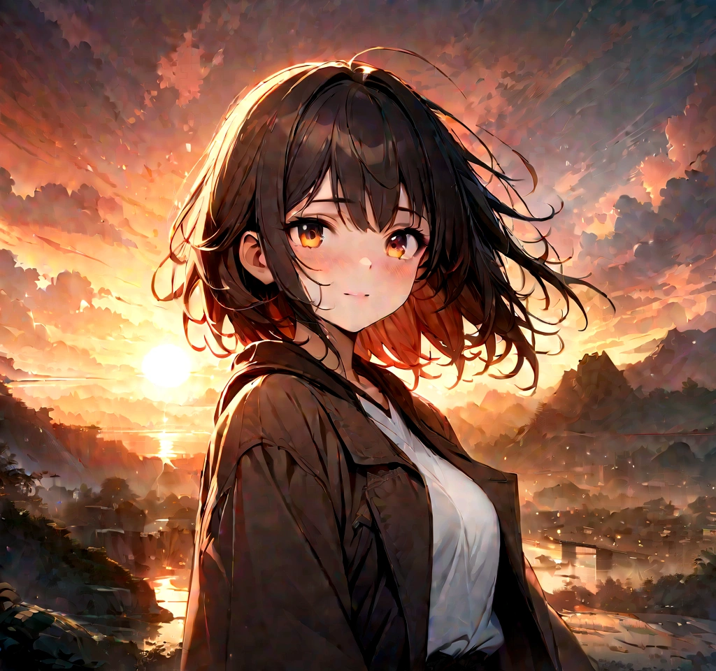 ((masterpiece, Highest quality, High resolution)), ((Highly detailed CG integrated 8K wallpaper)), , Sunrise on a cloudy morning, Strong sun rising in the sky, moody The rising sun in the background, orange sky outside, Sunrise on a cloudy morning, sky setting, The rising sun in the background, Sunrise is, The rising sun in the background, Background sky, Background sky, With dramatic skies,Tyndall phenomenon、fractal、crystal、shine、mystery、