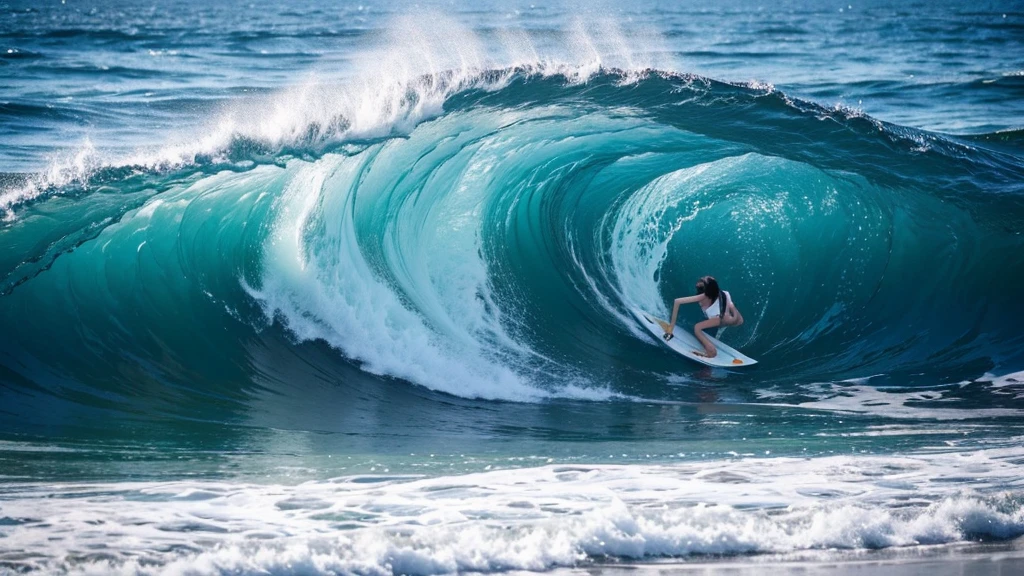 Blue ocean waves、White beach、A woman in a white swimsuit３people、Surfing