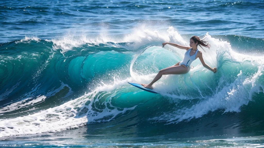 Blue ocean waves、White beach、A woman in a white swimsuit3people、Surfing