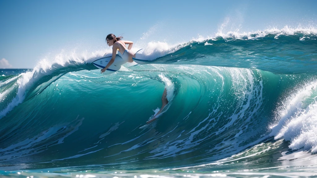 Blue ocean waves、White beach、A woman in a white swimsuit3people、Surfing