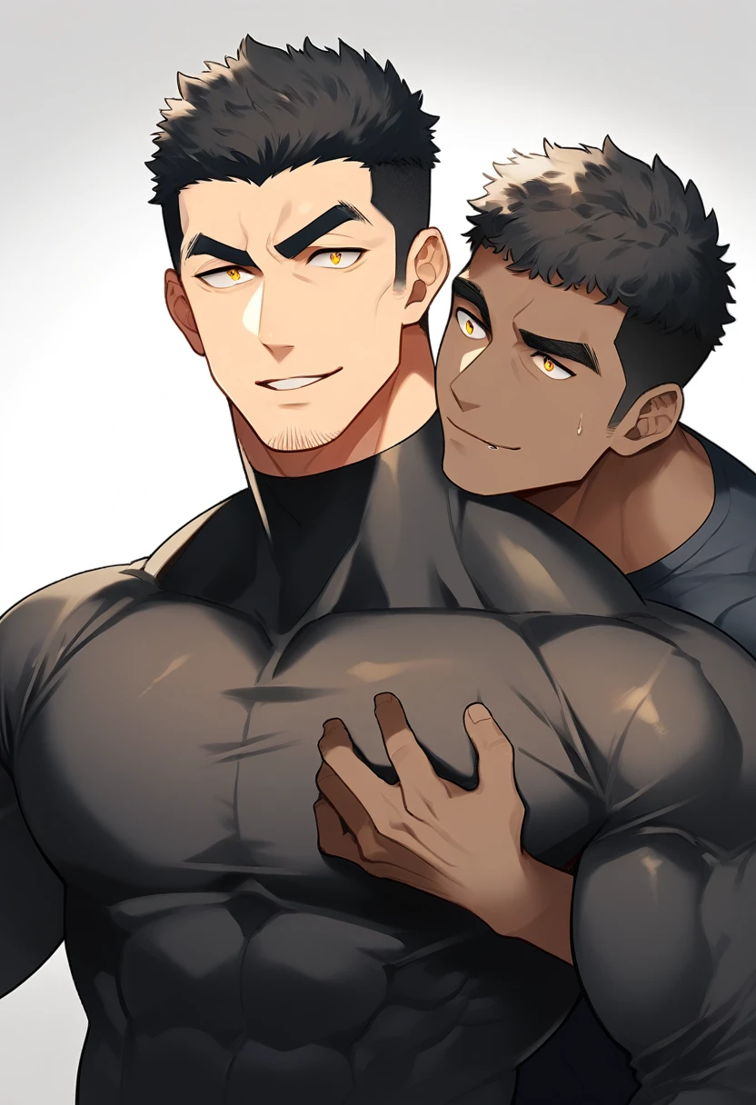 anime characters:Two superheroes in tights, Muscle superhero, negro black skin, They hugged and kissed each other, Bite your neck, Caress, Manliness, male focus, Yellow and black high collar long sleeve tight T-shirt, Slightly transparent material, Very tight, Round, full and perky chest muscles, Male dog waist, Slightly transparent, muscular male, muscular, only, Upper body, alone, Black short hair, Thick eyebrows, stubble, Yellow eyes, Grey background, simple background, amazing quality, best aesthetics, Ridiculous, bright pupils, crew cut, parted lips, seductive smile, torogao, naughty face, drop shadow, best quality